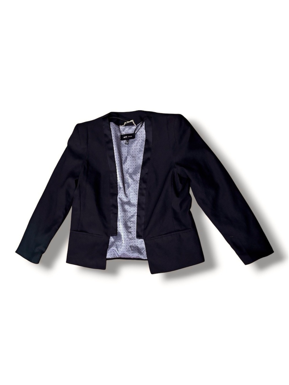MNG Basics Black Open Front Blazer Women’s Size L Polka Dot Lining